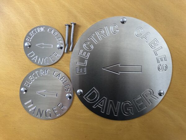 Stainless Steel Round Marker Plates - For Electrical Route Marking - 200mm dia, 100mm dia & 75mm dia - Danger, Electrical Cables